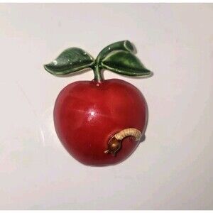 Vintage ORIGINAL BY ROBERT Red Enamel Apple Brooch Fruit Pin Green Leaves